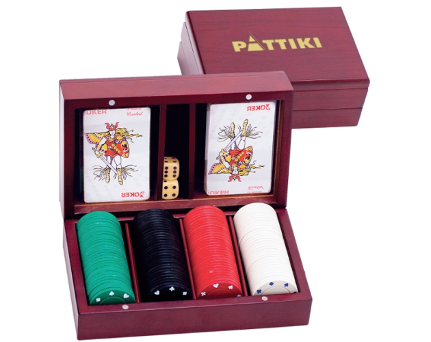 Wooden Game Box Set with Playing Cards & Poker Chips
