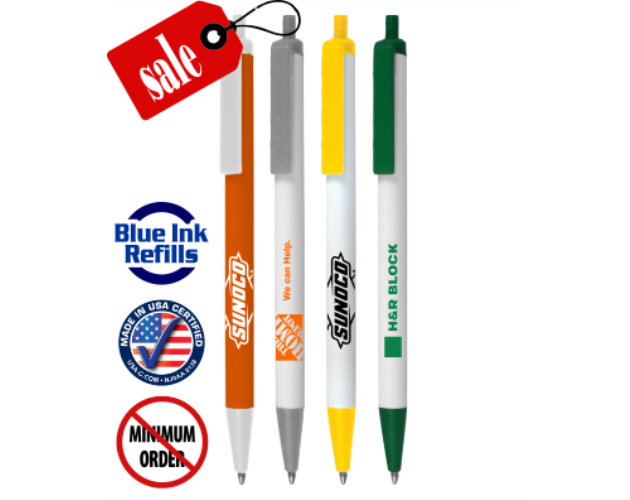 Union Printed White & Colored Barrels "USA Blue Ink Pens" - Clic Stic