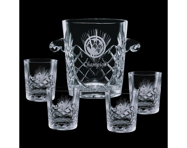 Cavanaugh Ice Bucket & 4 Old Fashioned Glasses