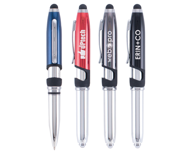4-in-1 Metal Pen, Stylus, LED Flashlight, Phone Stand