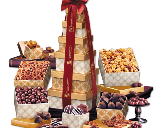 Golden Delights Tower with Burgundy Ribbon