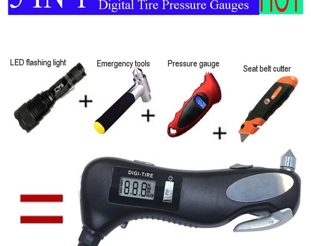 Multifunctional 5-in-1 Digital Tire Pressure Gauges / Auto Emergency Tools / Seat Safety Belt Cutter