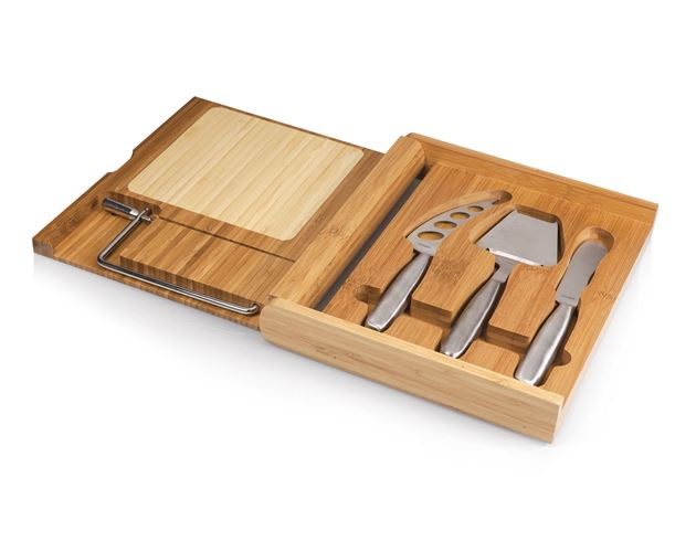 Soiree Bamboo Cutting Board w/Cheese Wire & 3 Tools In Lidded Box