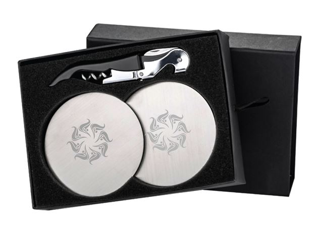 The Haydin Waiter's Corkscrew and Stainless Steel Coaster Gift Set