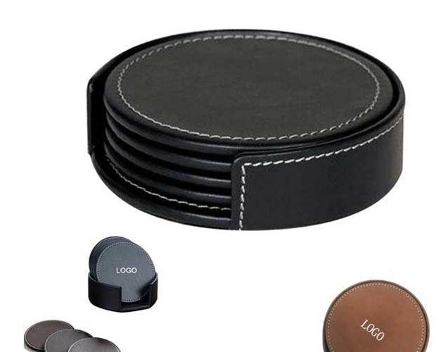 Debossed Round PU Coaster Set With Coaster Holder
