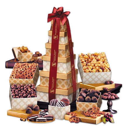 Golden Delights Tower with Burgundy Ribbon
