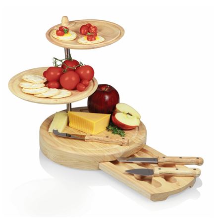 Regalio Swiveling 3 Tier Serving Tray & Cutting Board w/3 Cheese Tools