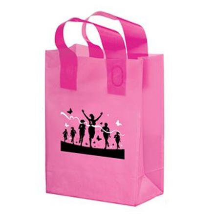 Breast Cancer Awareness Pink Frosted Soft Loop Plastic Shopper w/Insert (8"x4"x10.5")- Flexo Ink